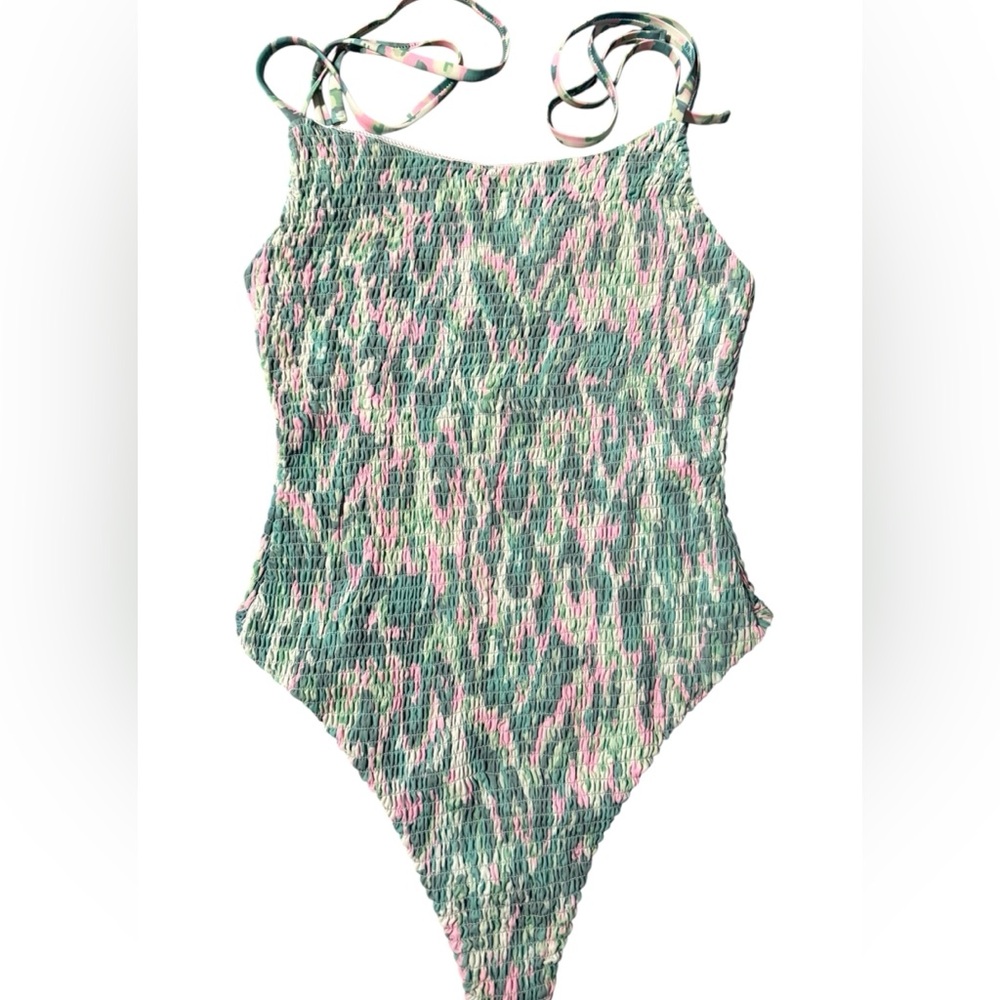 NWOT Smocked One-Piece Swimsuit with Tie Straps - Green & Pink Print Size Large